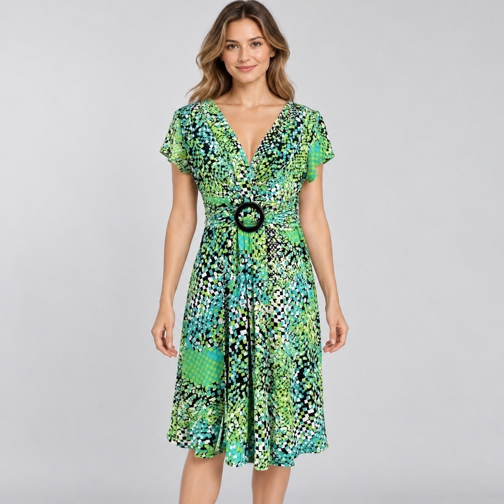 Studio I Petite Green Geometric Print V-Neck Faux Wrap Dress 8P Retro Y2k Resort